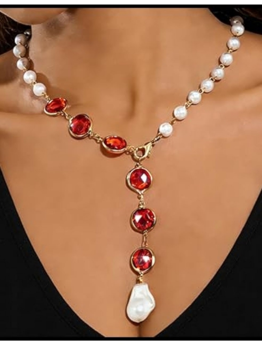 Elegant Red Crystal and Pearl Drop Necklace